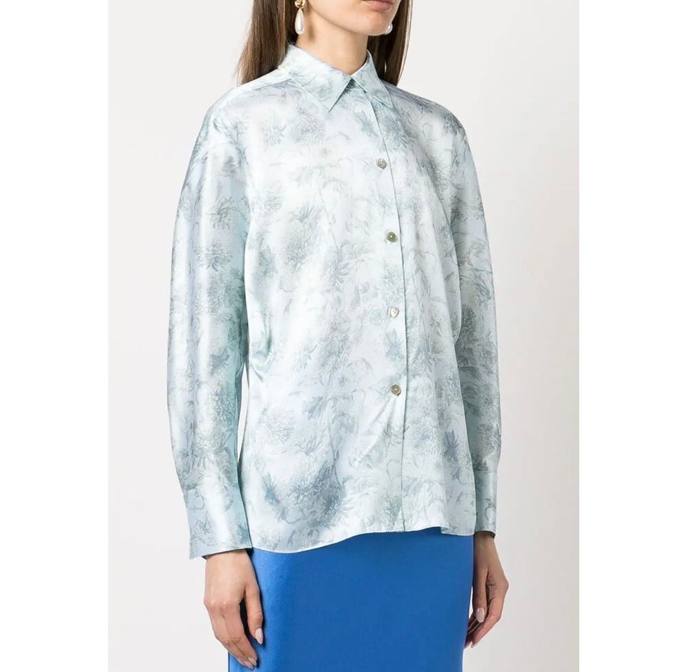 Vince Dahlia 100% Silk Floral Button Down Shirt L Mint Blue Long Sleeve Blouse